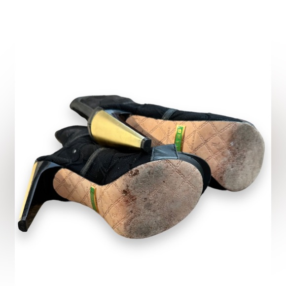 LAMB Black Gold Leather Trim Open Toe Zip Platform High Heel Booties Size 7 - Picture 6 of 8